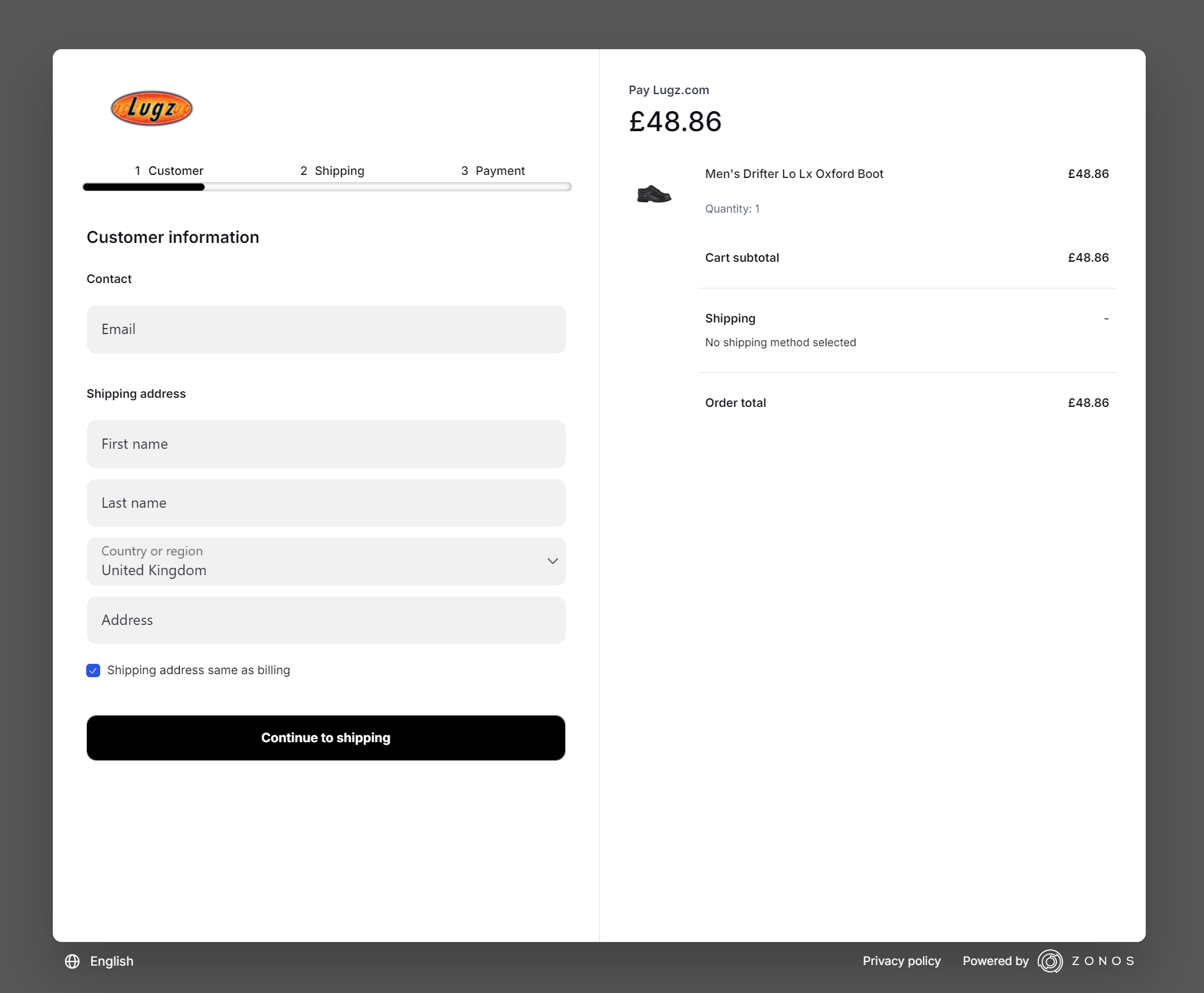 Lugz checkout page