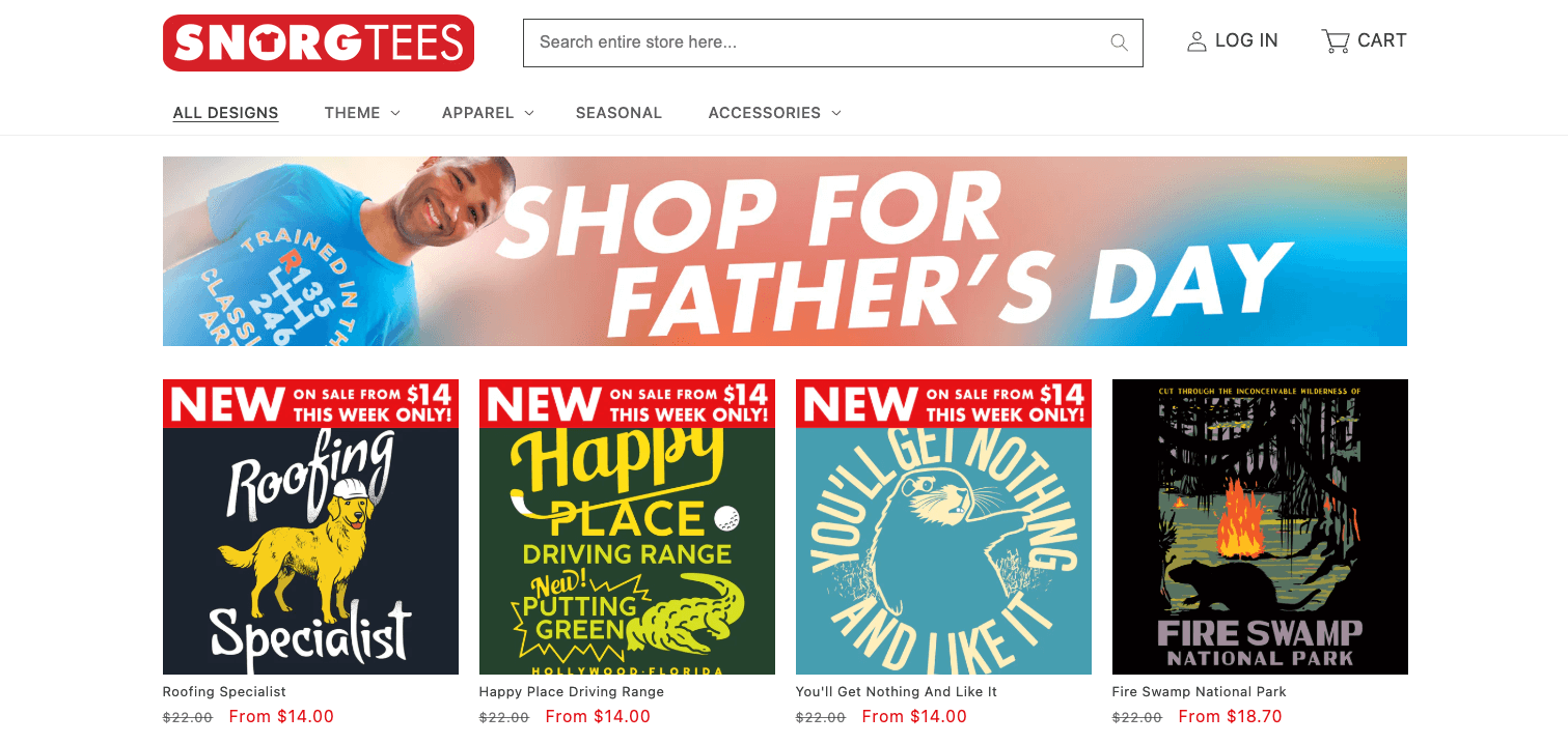 Shopify T-shirt store example: SnorgTees