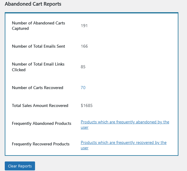 WooCommerce Recover Abandoned Cart reports