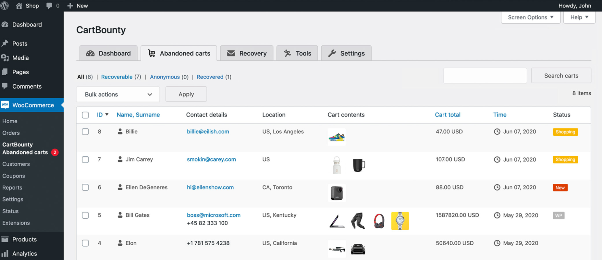 CartBounty dashboard