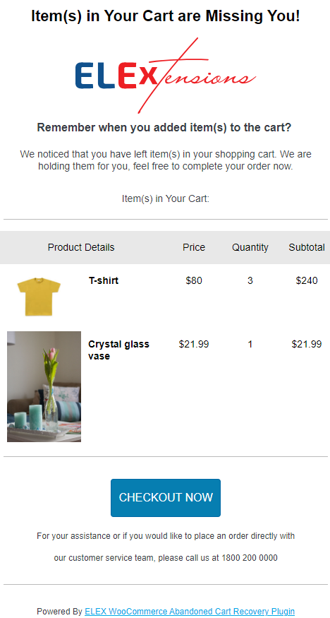 ELEX WooCommerce Abandoned Cart Recovery email template