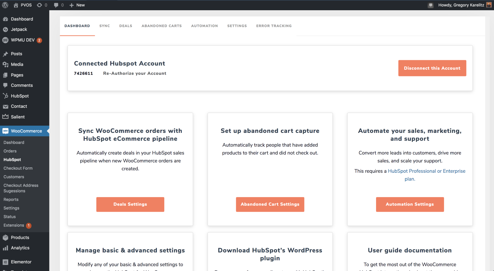 MWB HubSpot for WooCommerce dashboard