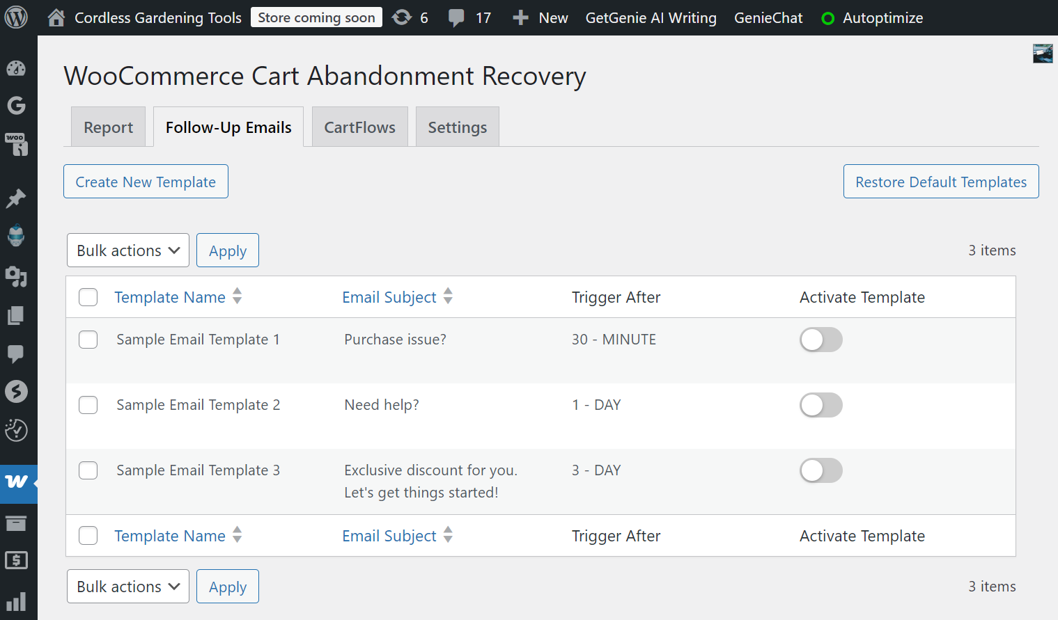 WooCommerce Cart Abandonment Recovery dashboard