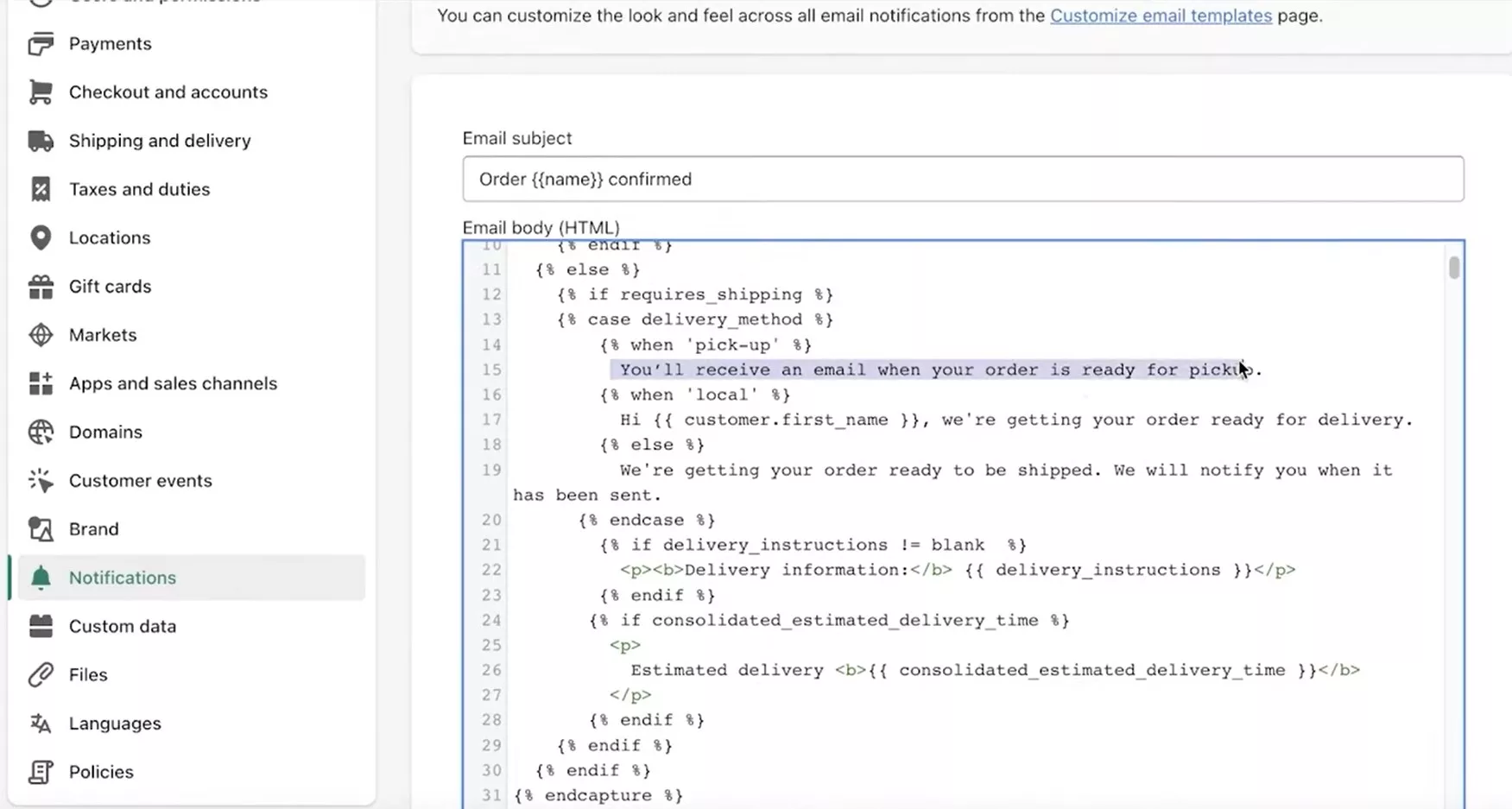 Edit Shopify order confirmation emails: Customize email body