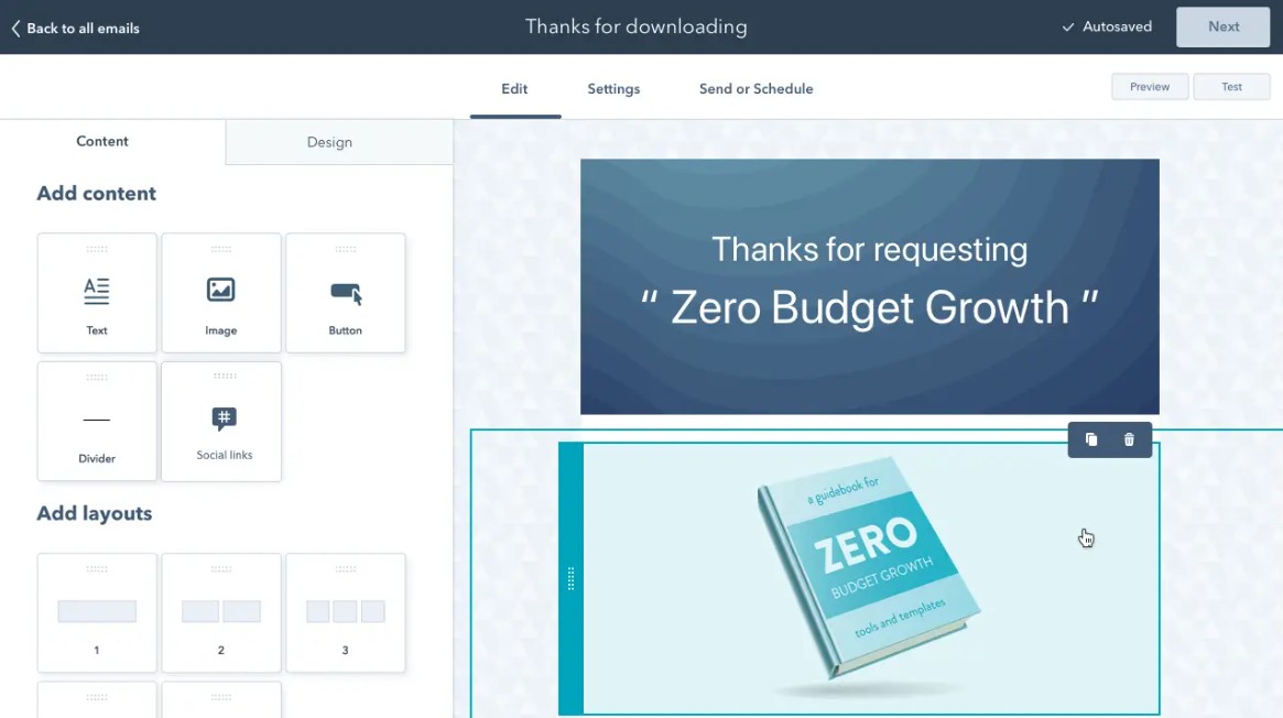 HubSpot drag-and-drop editor