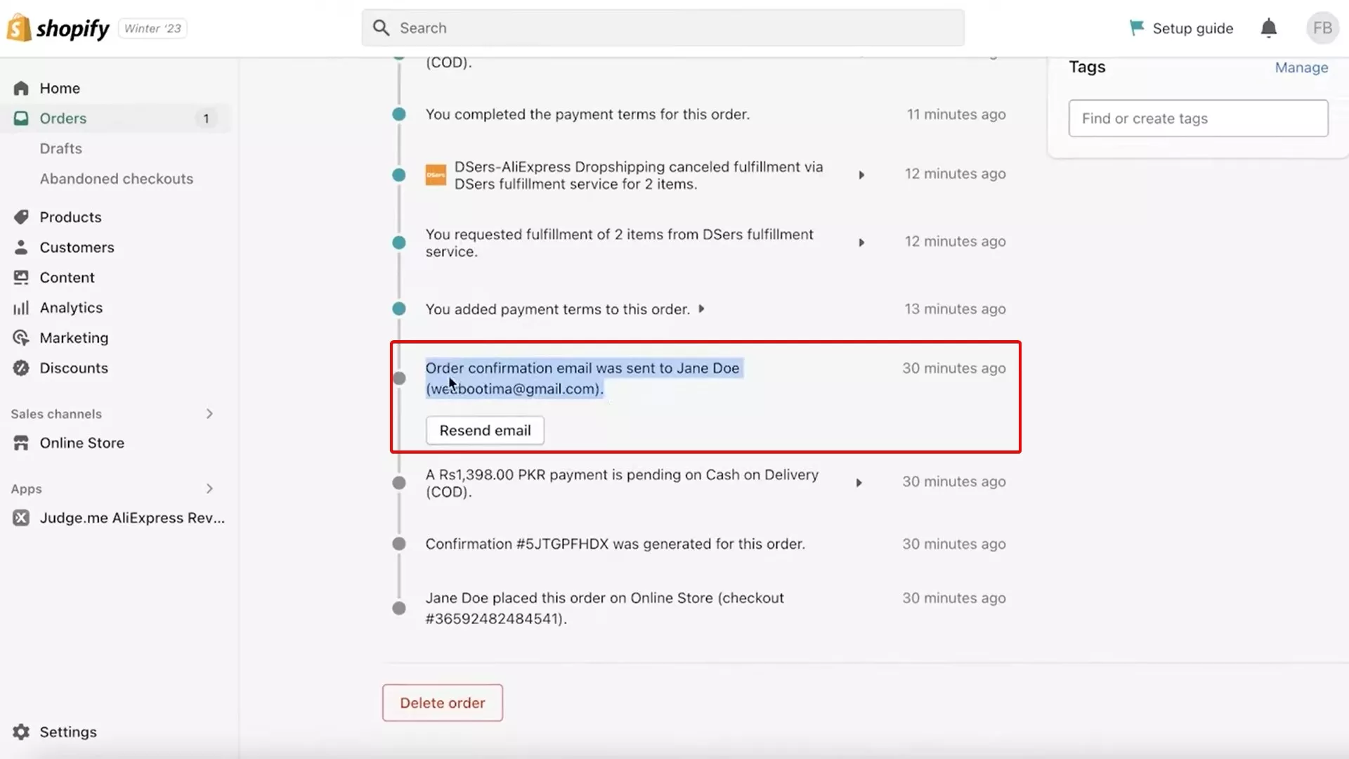 Shopify order confirmation emails: Resend email manually