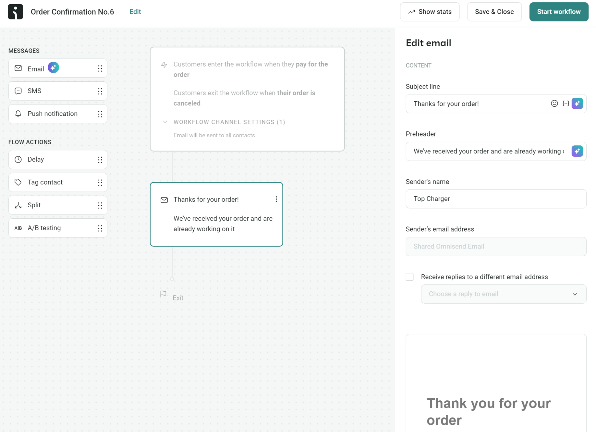 Email settings in Omnisend automation