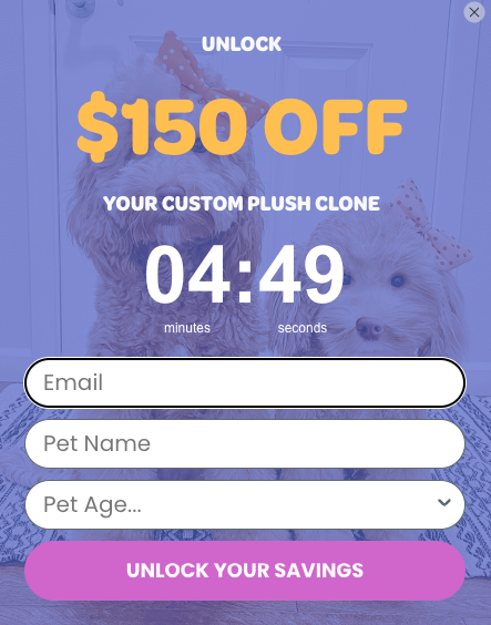 Cuddle Clones popup sign up form example with urgency