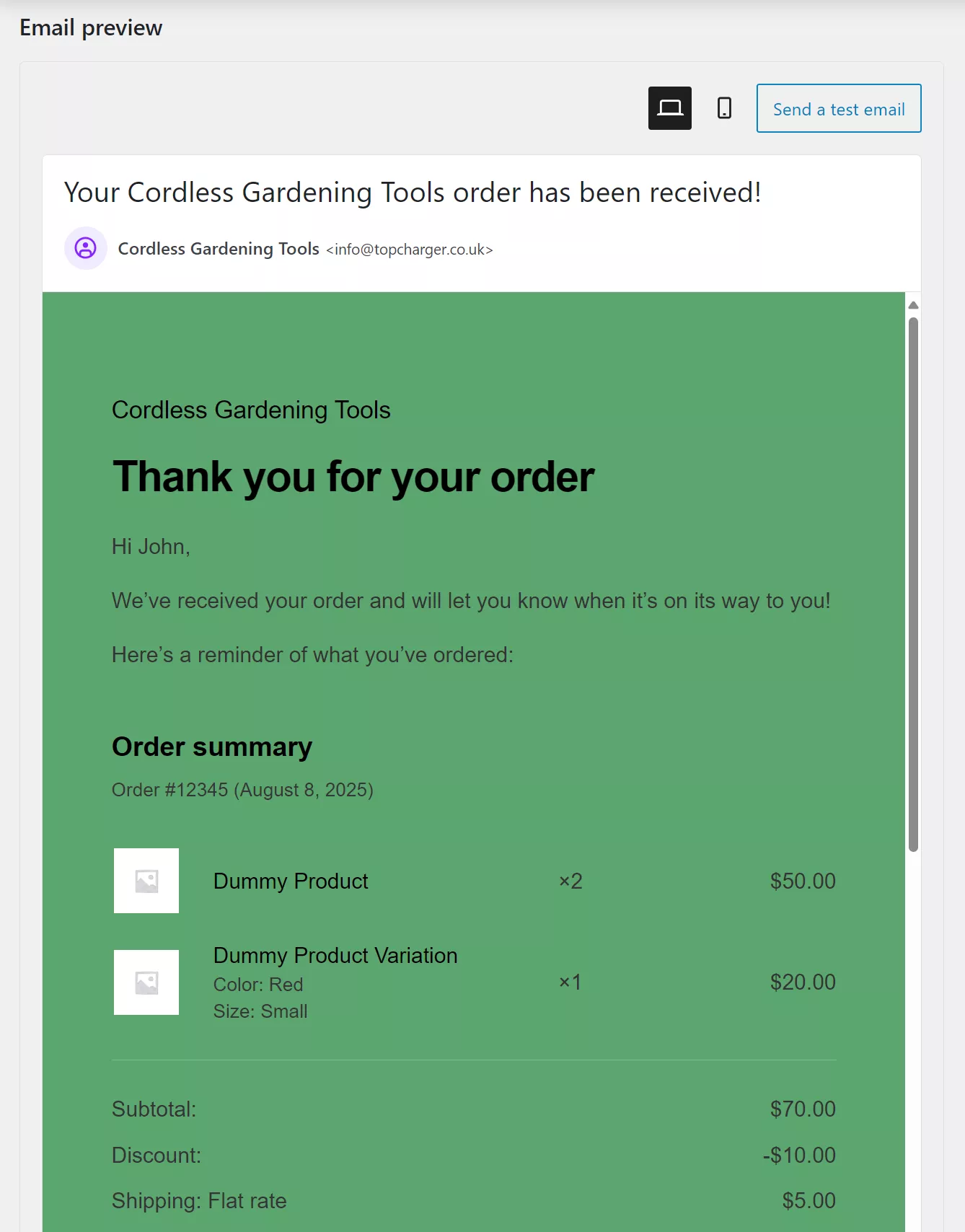 WooCommerce order conformation email preview