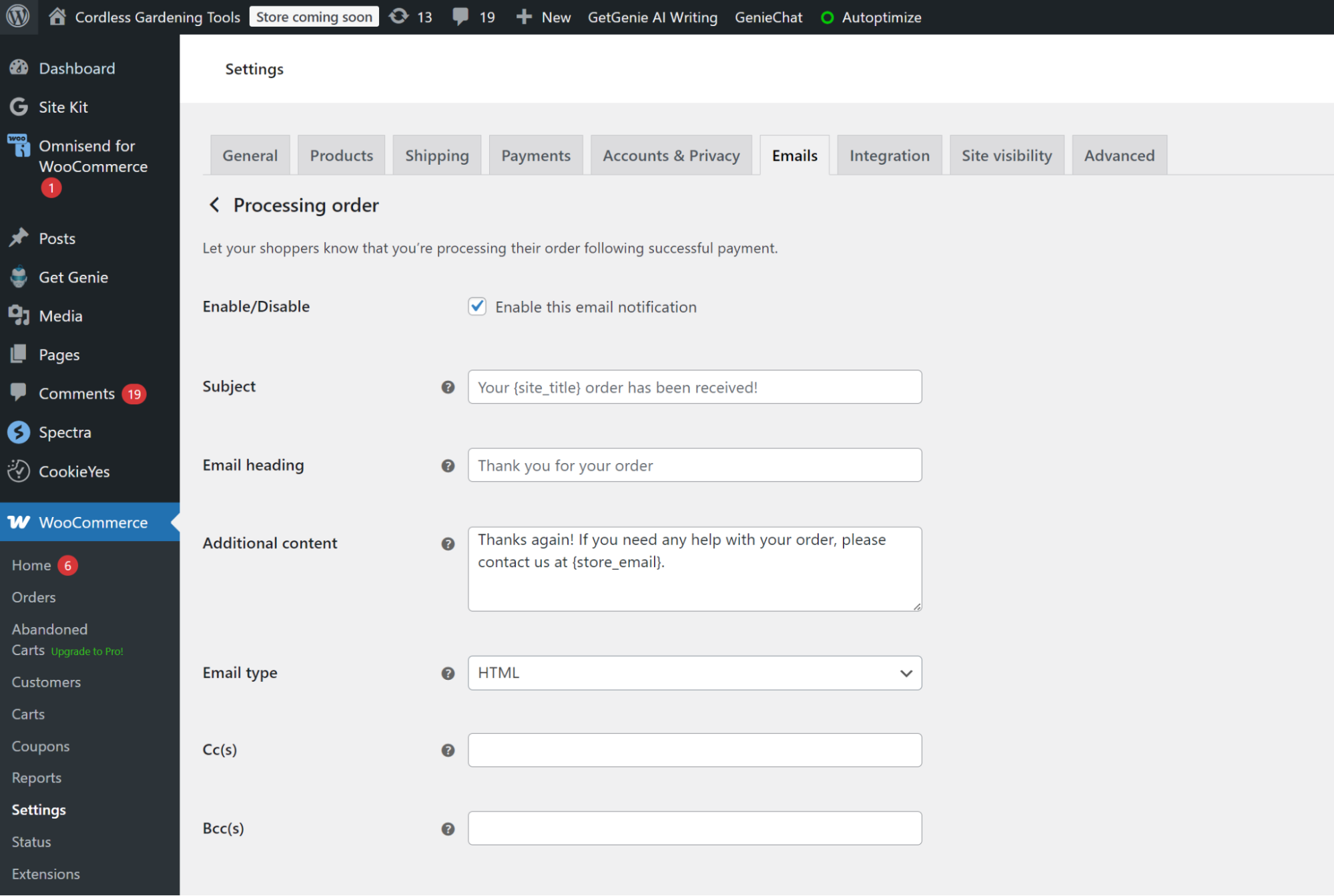 Enabling WooCommerce order confirmation email