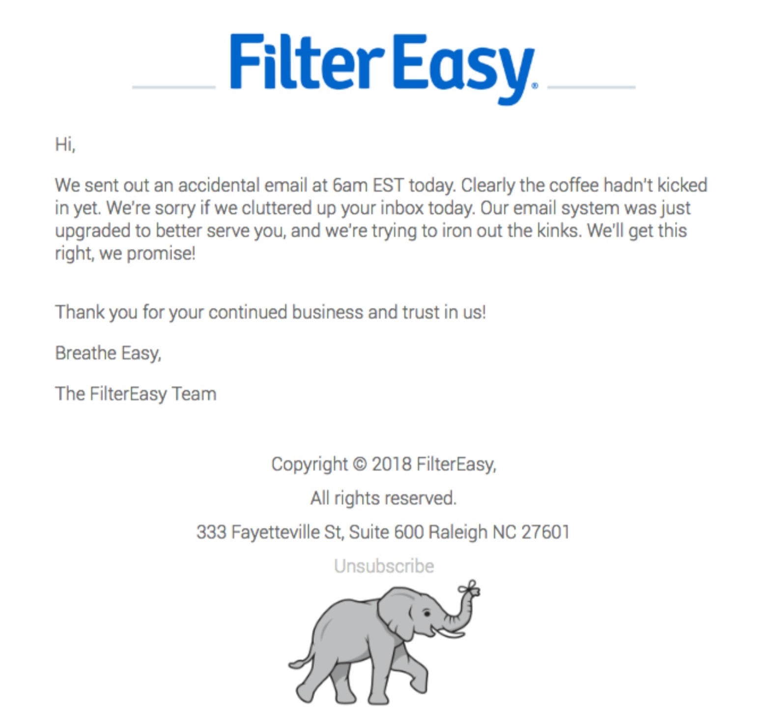 Filter Easy apology email