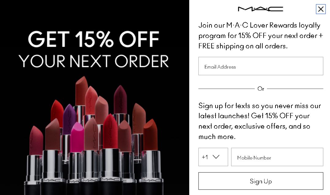 MAC Cosmetics special offers signup form example