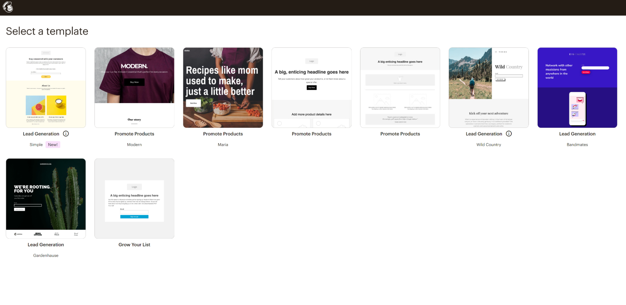 Mailchimp’s stock landing page templates