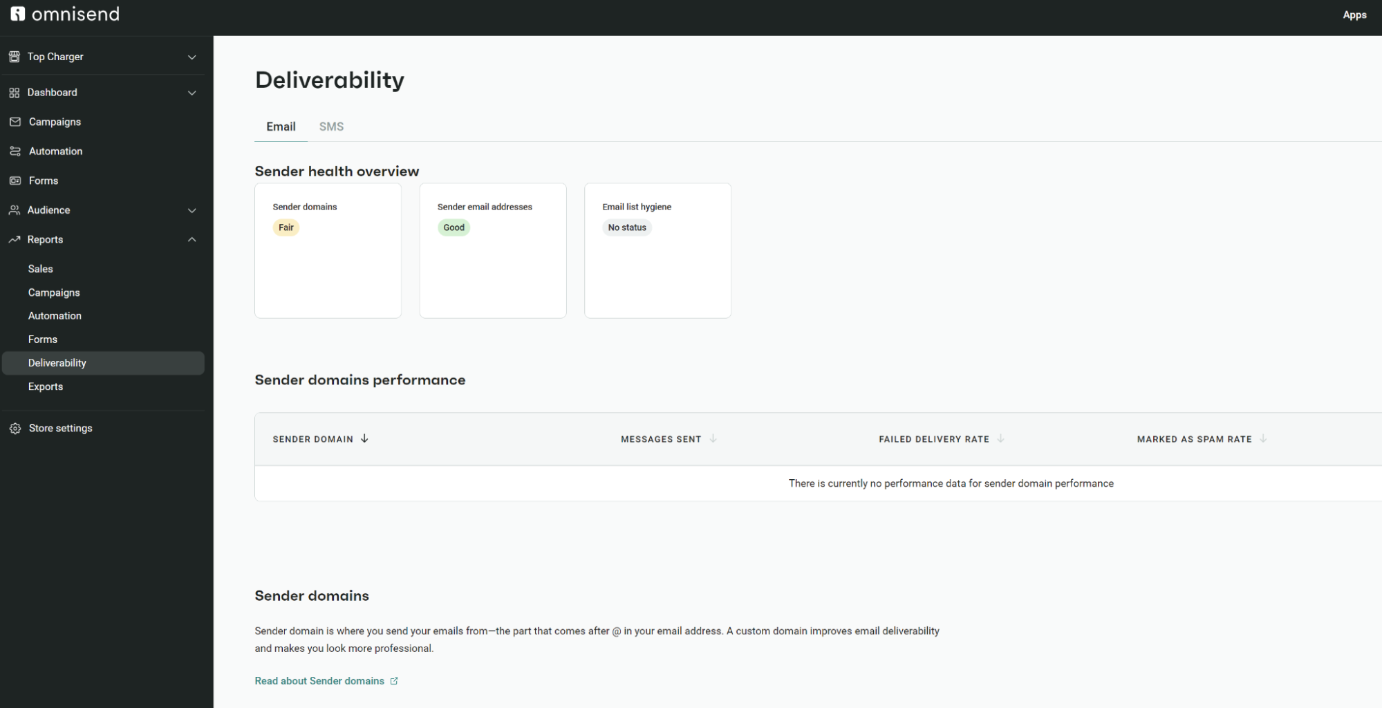 Omnisend's deliverability dashboard showing sender reputation across major ISPs