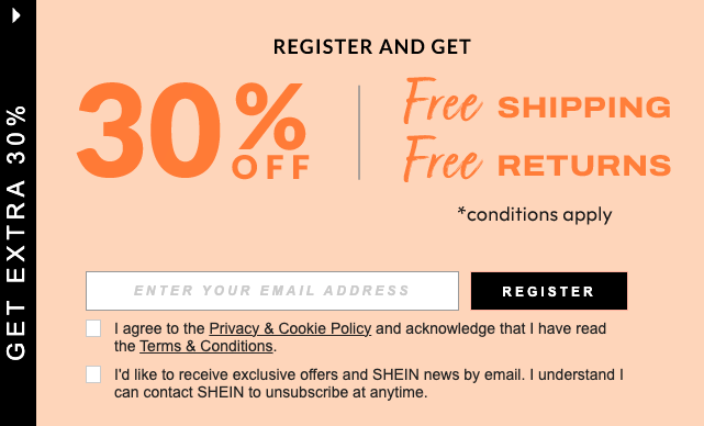 Shein’s welcome popup signup form example