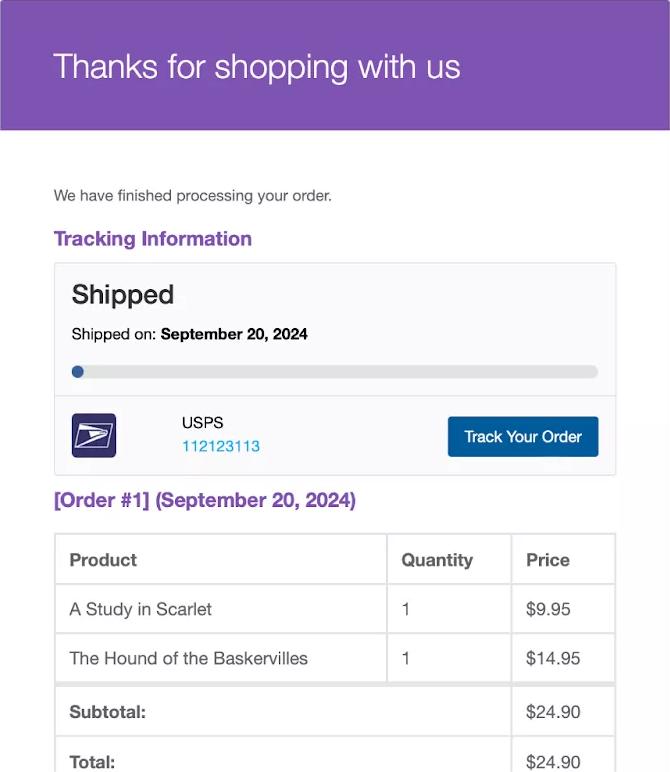Shipment tracking email