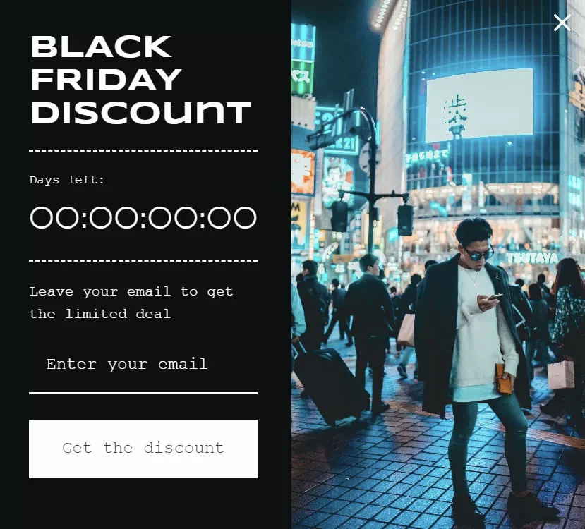 Shopify Black Friday: Black Friday discount ad with a city street background at night, people walking, neon signs, and a countdown timer at zero. A person stands in the foreground checking their phone. Email entry box for a limited deal is shown.