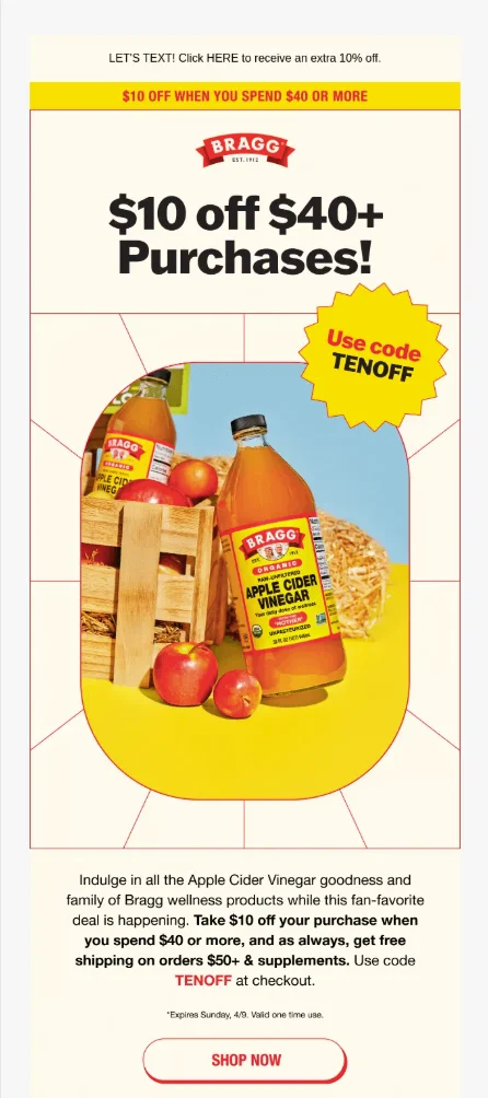 Black Friday coupon code ideas: Bragg apple cider vinegar bottles and ingredients on a table, with text offering $10 off purchases over $40 using code TENOFF. Promotional wellness and free shipping details are included.