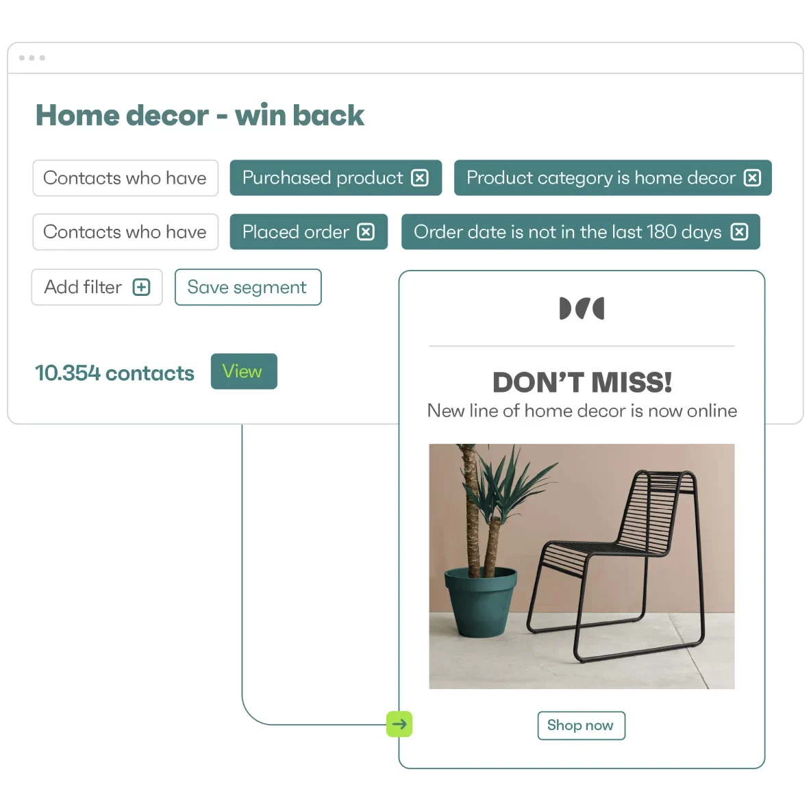 Shopify Black Friday: A marketing dashboard shows home decor email segment filters and a campaign ad for a new home decor line, featuring a black chair and a potted plant.