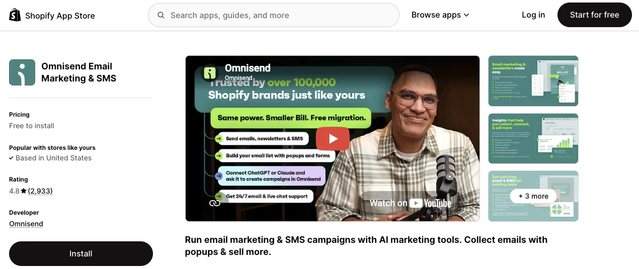 Shopify Black Friday: Screenshot of the Omnisend Email Marketing & SMS app page on the Shopify App Store, featuring a promo video, app rating, install button, and preview images showcasing email and SMS marketing features.
