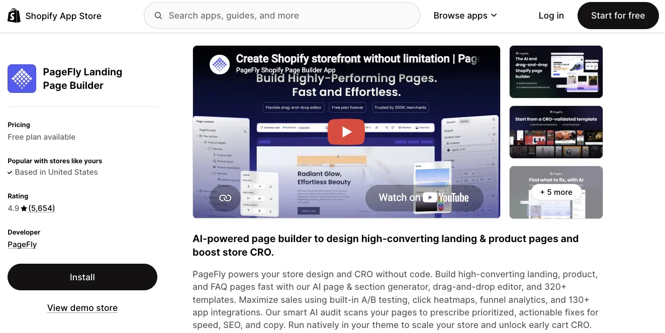 Shopify Black Friday: Screenshot of the Shopify App Store listing for PageFly Landing Page Builder, showing app details, a video thumbnail, feature highlights, and navigation options.