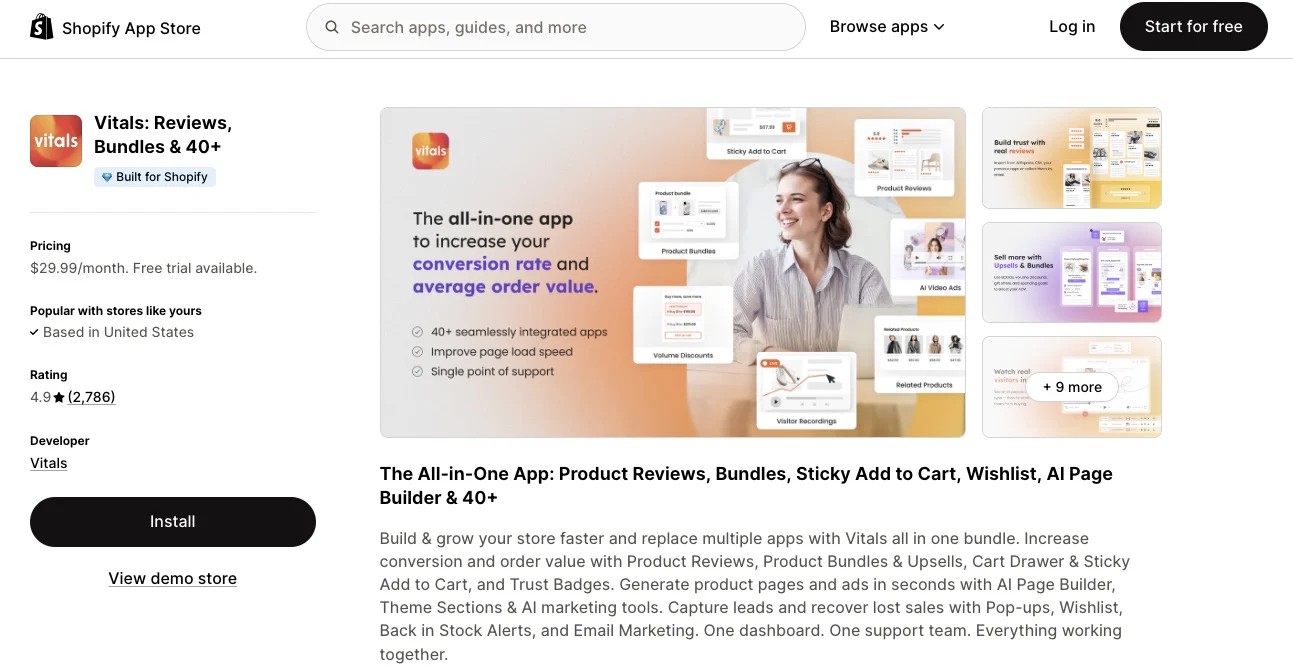 Shopify Black Friday: Vitals app page on the Shopify App Store, featuring a smiling person and screenshots of the app interface. The headline promotes increasing conversion rate and order value. Install and pricing options are visible on the left.
