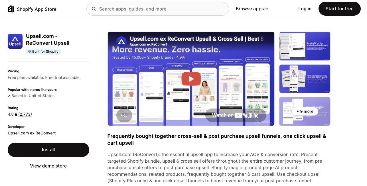 Shopify Black Friday: Screenshot of the Upsell.com (ReConvert Upsell) Shopify App Store page, showing app details, screenshots, a Watch on YouTube button, star ratings, app stats, and a description of its upsell features.
