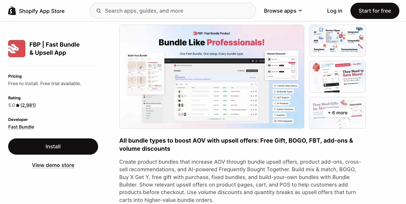 Shopify Black Friday: Screenshot of a website promoting the FBP Fast Bundle app, featuring a dashboard, bundle offers, and text about boosting sales with bundle discounts and upsell offers like free gifts and BOGO deals.