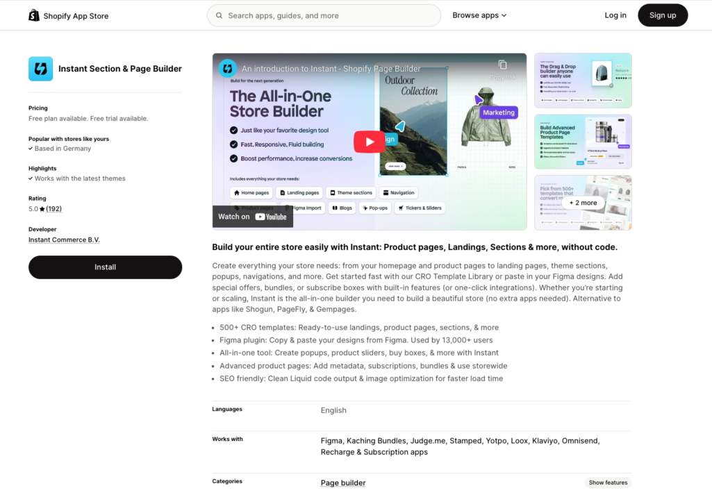 Instant Section & Page Builder page in shopify