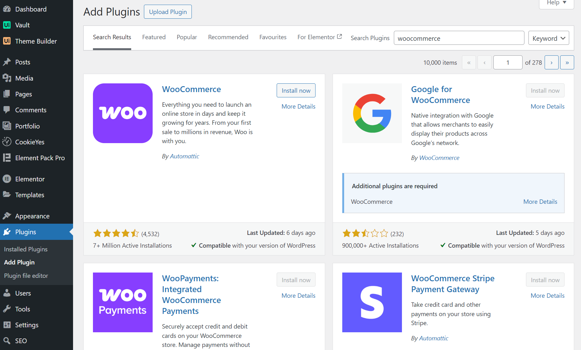 WooCommerce plugin selection in the WordPress plugin library