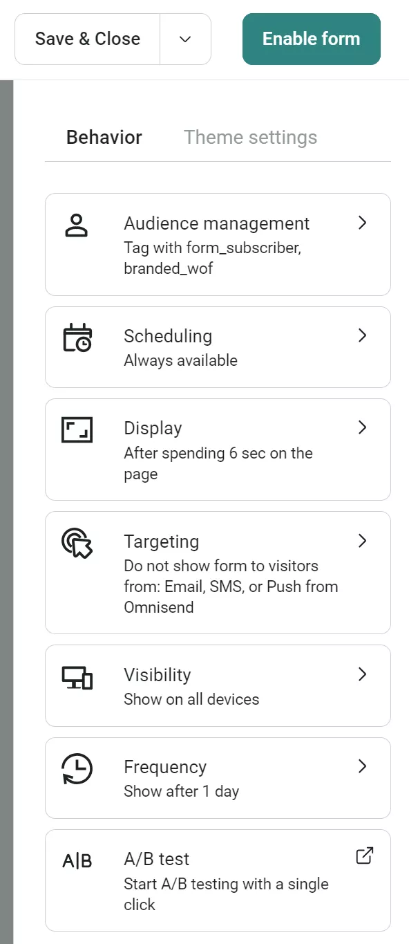 Behavior settings