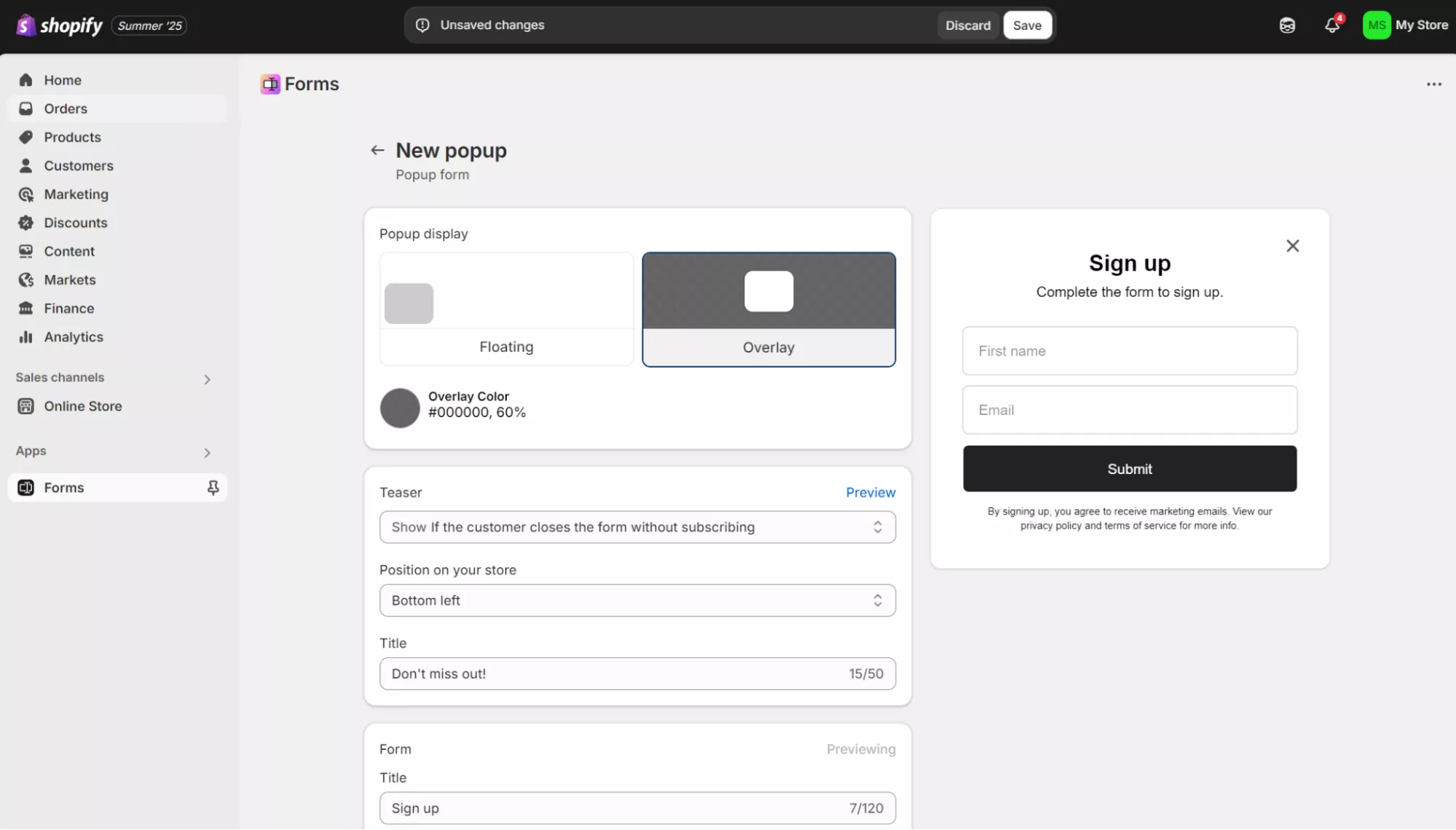 Popup form types