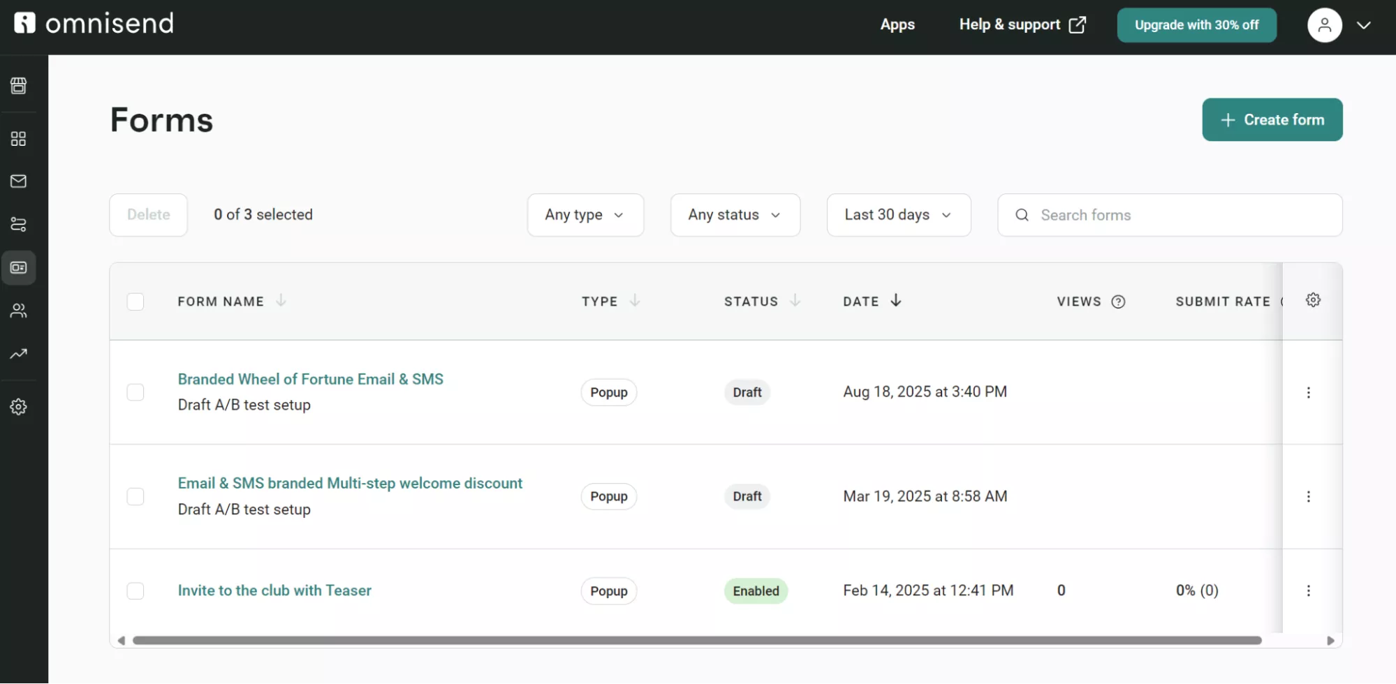 Form dashboard