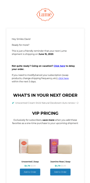 Lume subscription renewal email example