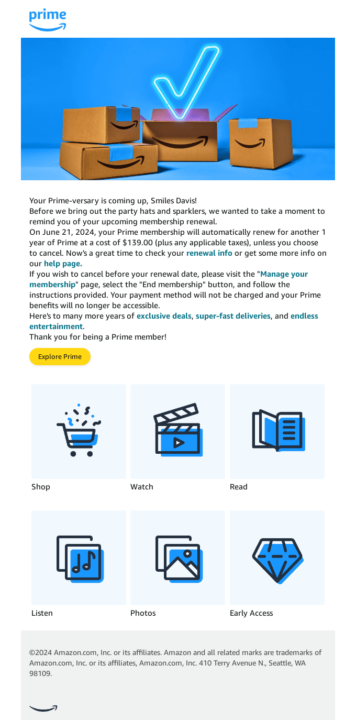 Amazon subscription renewal email example