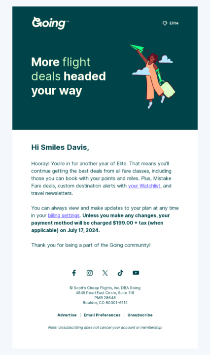 Going subscription renewal email example