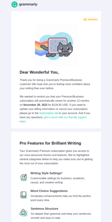 Grammarly subscription renewal email example