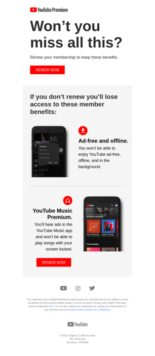 YouTube subscription renewal email example