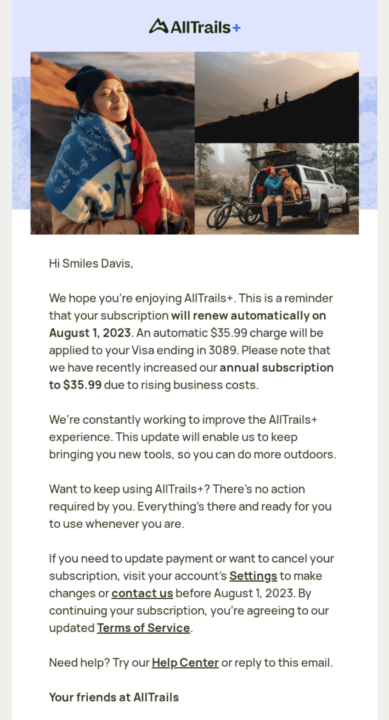 AllTrails subscription renewal email example