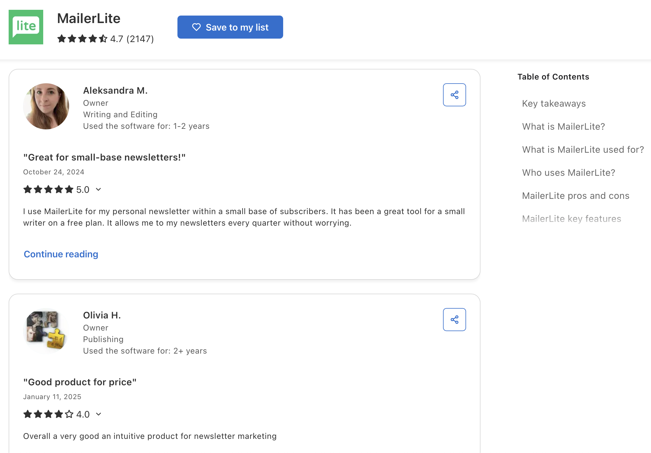 MailerLite user reviews