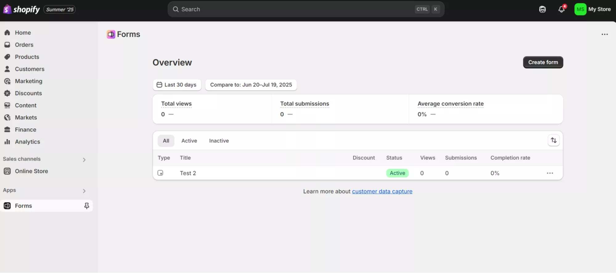 How to add Shopify popup: Shopify Forms dashboard