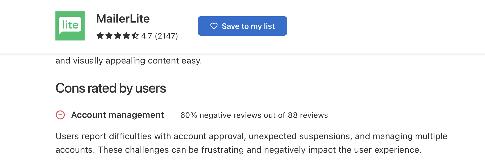 MailerLite cons rated by users