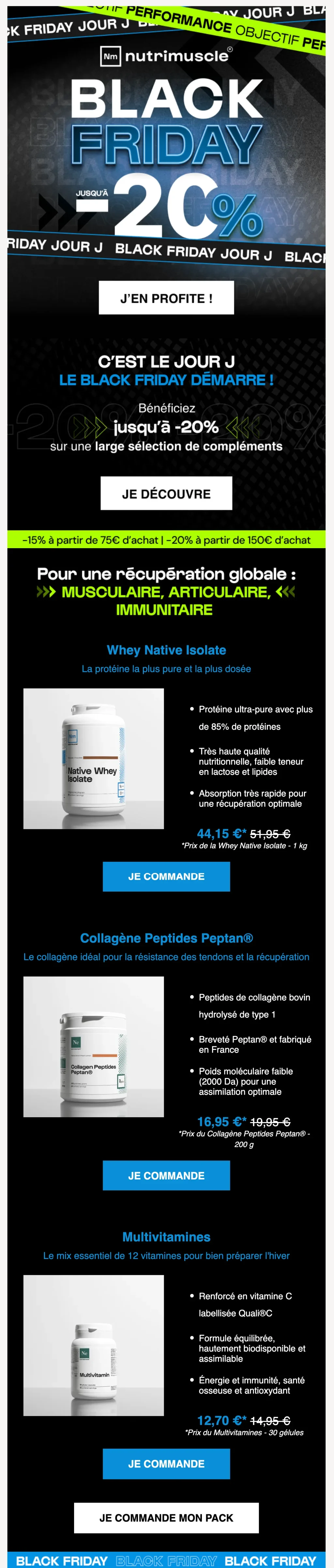 Black Friday customer segmentation: A promotional email for Black Friday from Nutrimuscle, featuring supplement deals, product images, and calls to action for discounts up to 20% on immunity-boosting products.