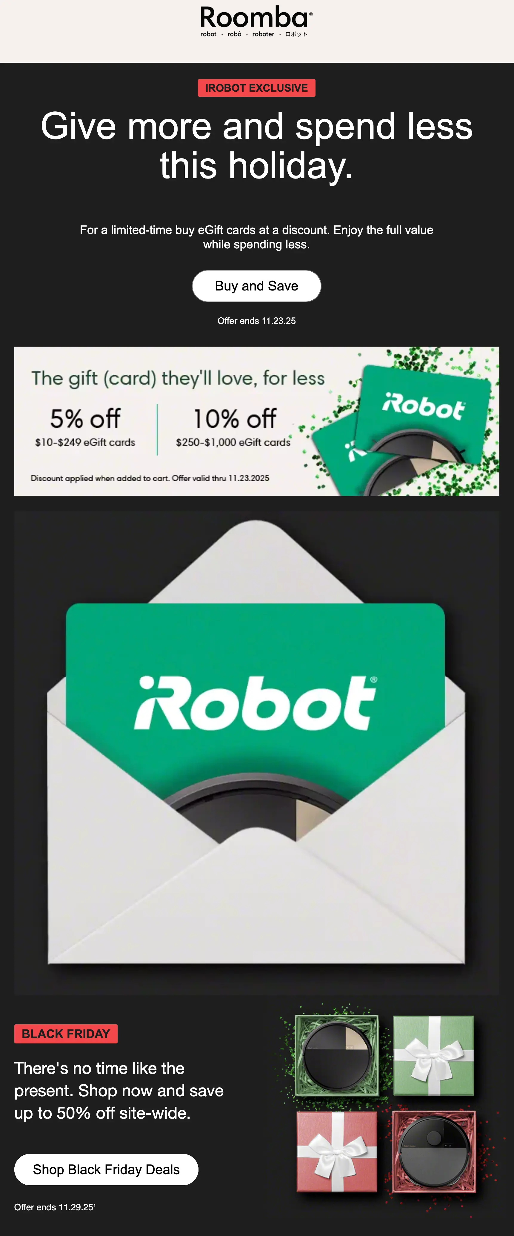 Black Friday customer segmentation: Roomba holiday promo: Gift card discounts—5% off $10-$249, 10% off $250-$1,000. iRobot gift card in envelope shown. Black Friday deal on Roomba vacuums with red or green ribbons.