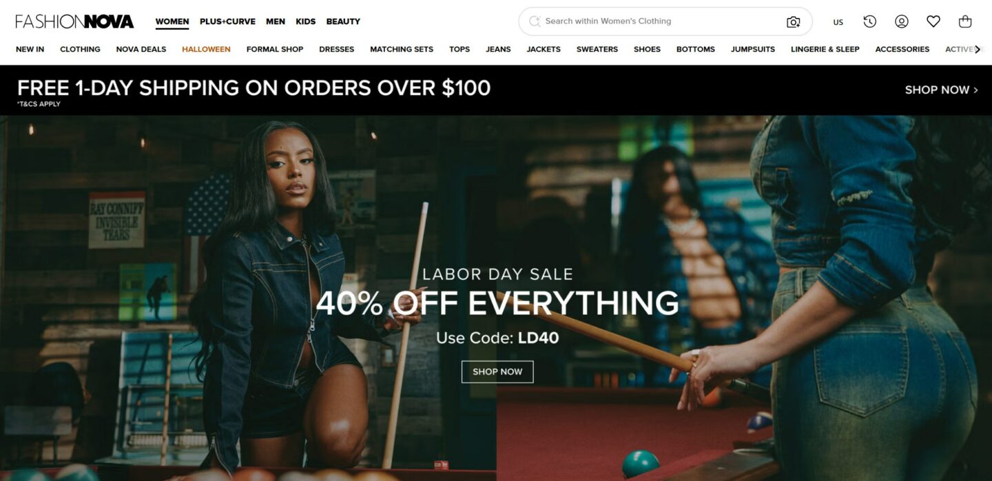 Successful branded dropshipping store example by Fashion Nova