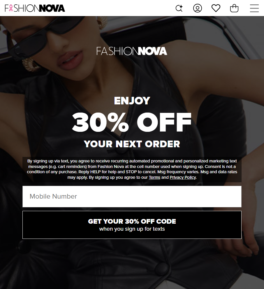 Fashion Nova 30 off SMS subscription page