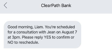 Financial services appointment confirmation text example