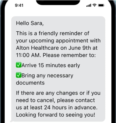 Healthcare appointment confirmation text example