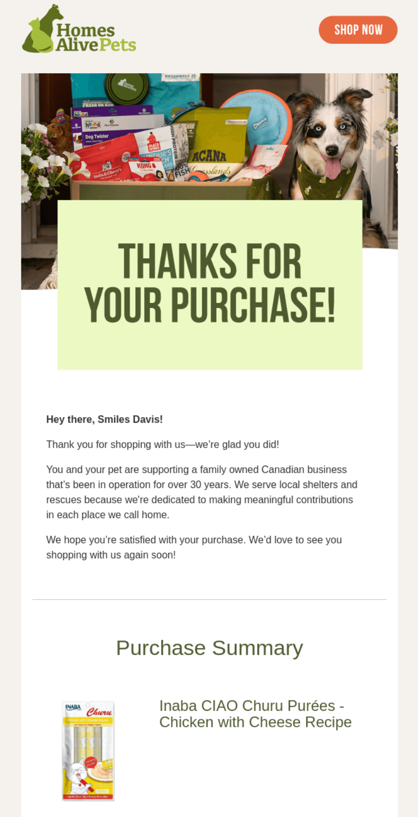 Home Alive Pets purchase confirmation