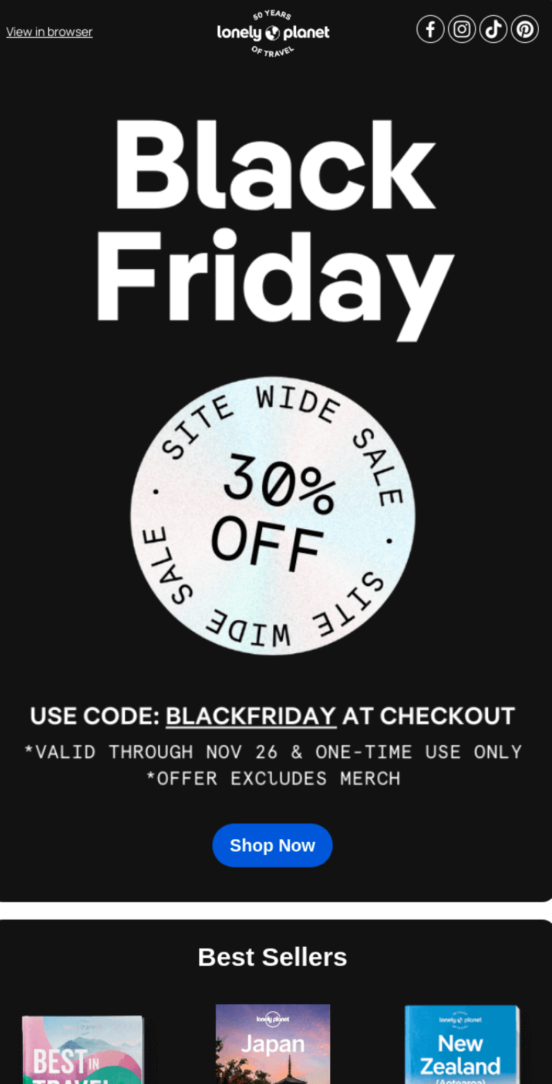 Lonely Planet Black Friday email example